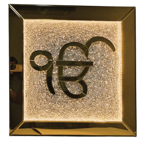 Divine Ik Onkar LED Light Frame | 24 x 24 in | Crystal Background | Mirror Glass Finish
