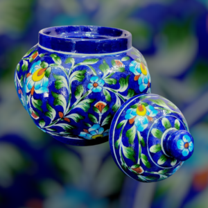 Handpainted Blue Pottery Melon Pot | Traditional Jaipur Craft | Decorative Storage Jar