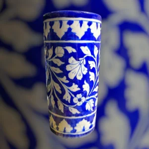 Handmade Cylindrical Blue Pottery Vase | Traditional Jaipur Art | Ethnic Home Décor Accent