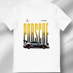 Men's White Porsche GT3 RS Sports Car Graphic T-Shirt | Premium Cotton Streetwear Tee | Luxury Supercar Print Round Neck T-Shirt for Car Enthusiasts