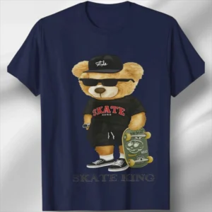 Skate King Teddy Bear Graphic T-Shirt for Men | Oversized Urban Streetwear Tee | Cool Cartoon Print | Navy Blue 100% Cotton Casual Skateboarding T-Shirt