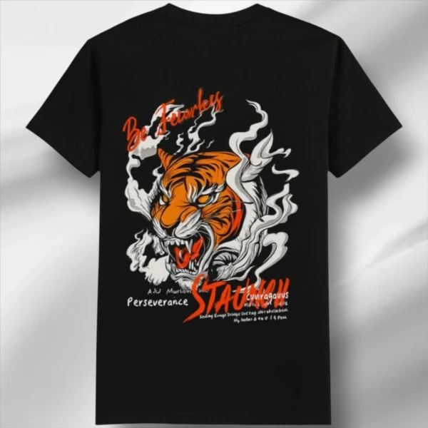 Cottonsiner Black Oversized Graphic T-Shirt for Men | Fearless Tiger Back Print | 100% Cotton 180 GSM | Stylish Streetwear Regular Fit Tee | Sizes S to XL